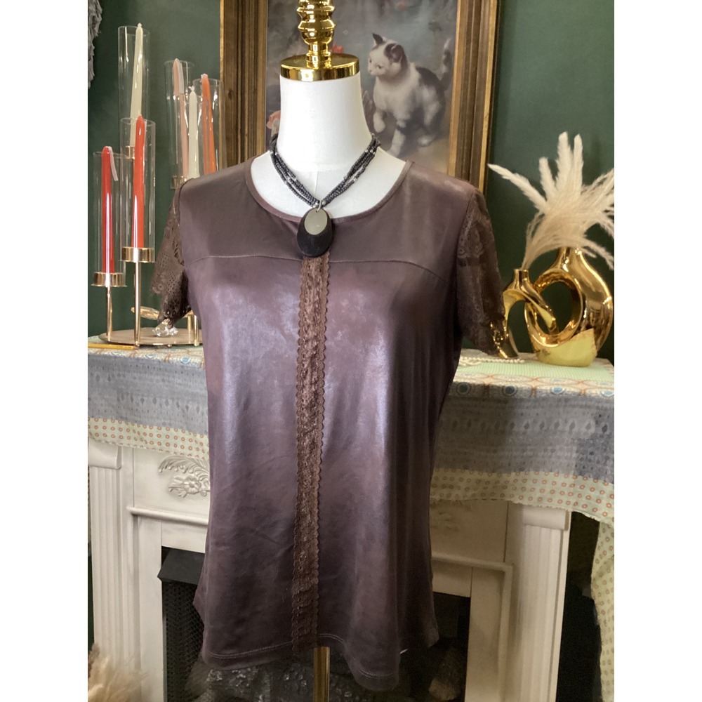 Hannah Brown Coated Metallic Lace Crochet Sleeve Top XSDU0002 Medium